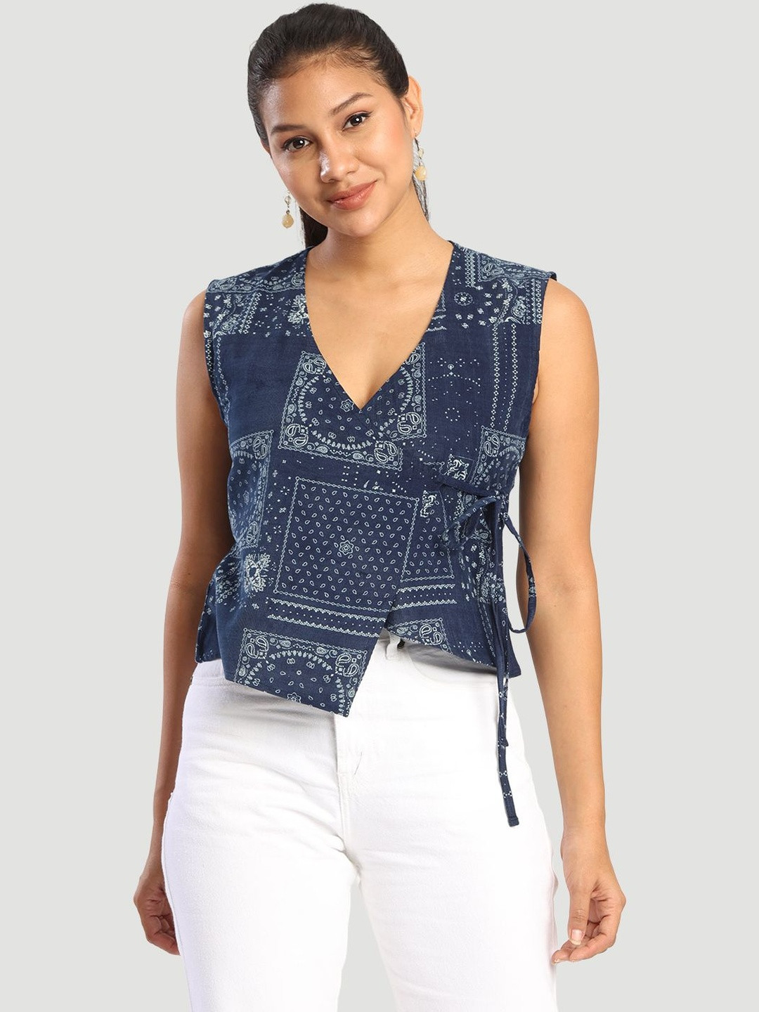 Bene Kleed Women Ethnic Motifs Printed Cotton Over Lap Wrap Adjustable Top With Side Knot