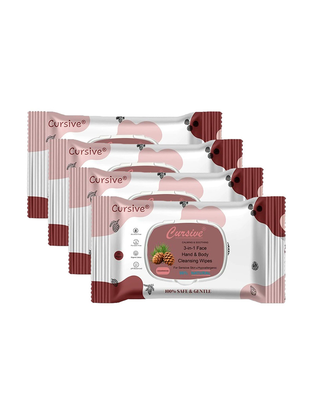 CURSIVE  Set Of 4 Wood Face & Body Refreshing Wet Wipes- 25 Wipes Each