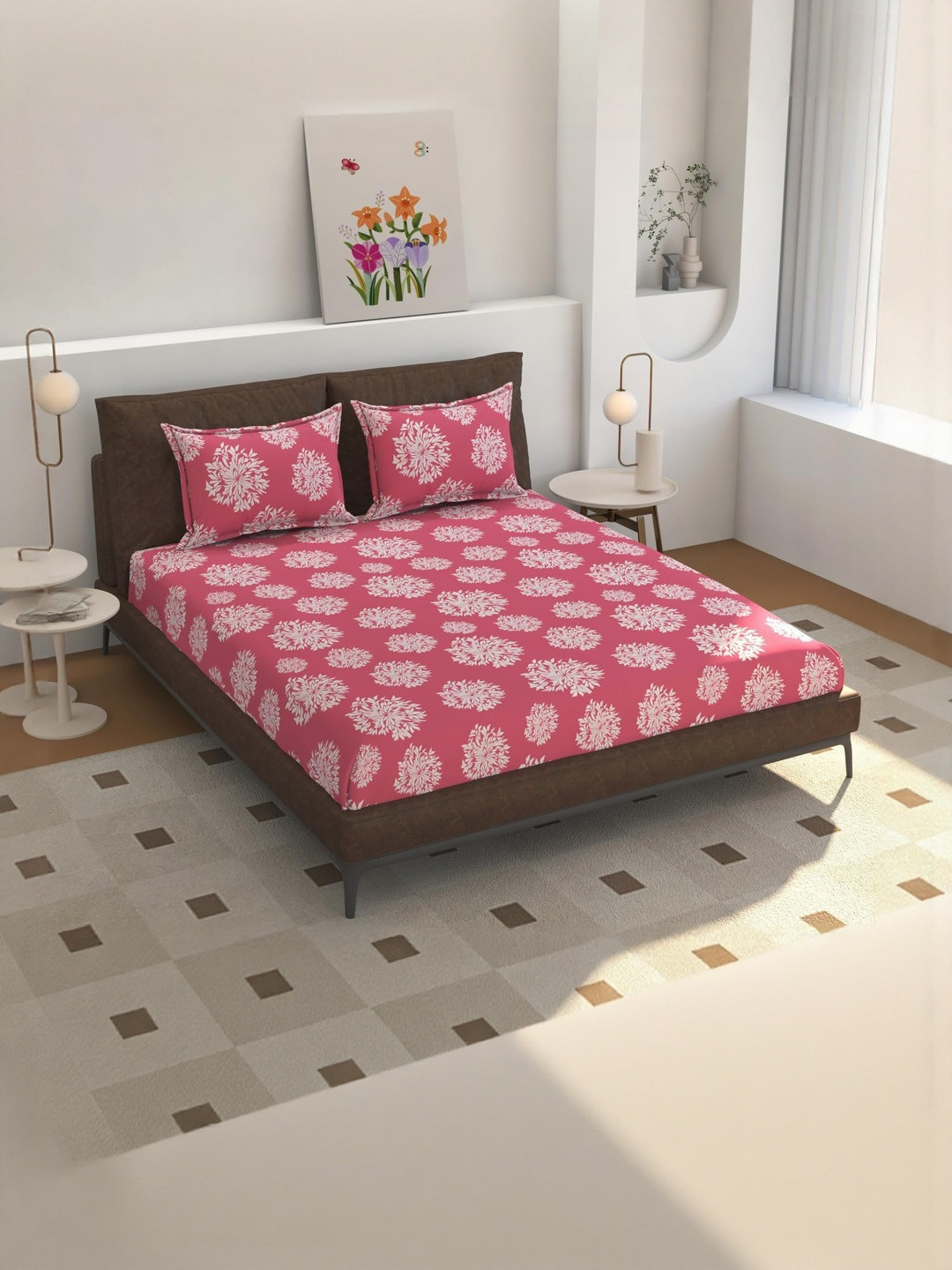 NEW TOWN Pink & White Print Floral 210 TC King Size Bedsheet With 2 Pillow Covers