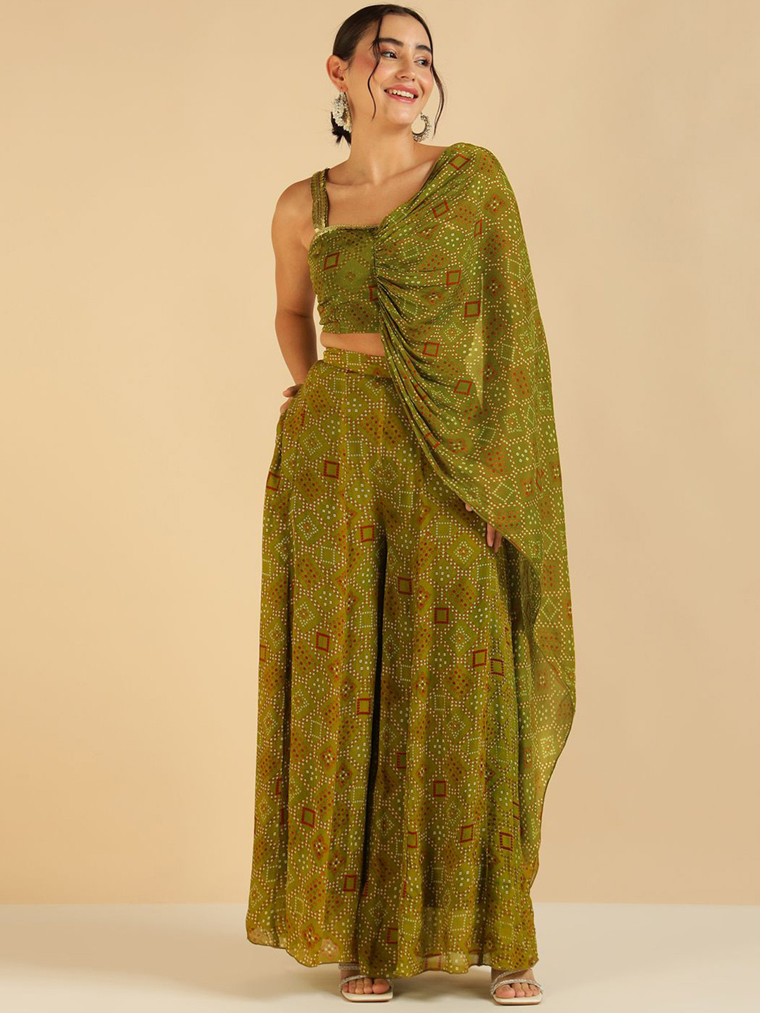 Vibes by Deebaco Bandhani Print Sequinned Pure Chiffon Palazzo Saree