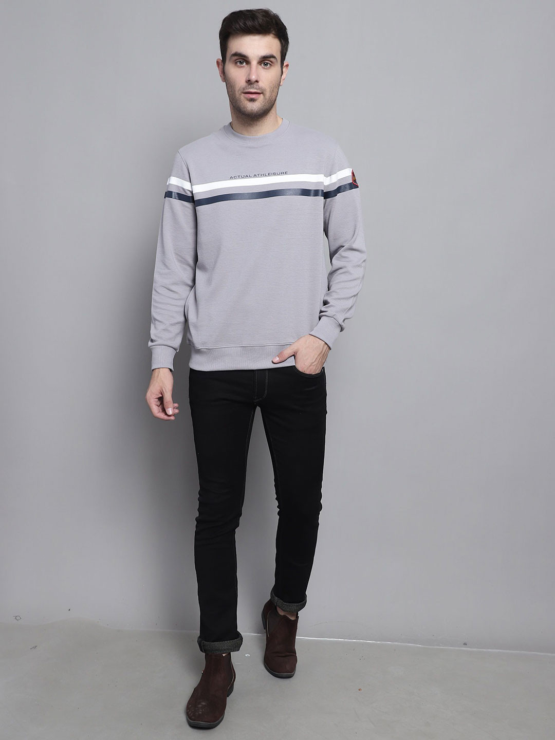 Davno Striped Crew Neck Long Sleeves Ribbed Hemline Pullover Sweatshirt