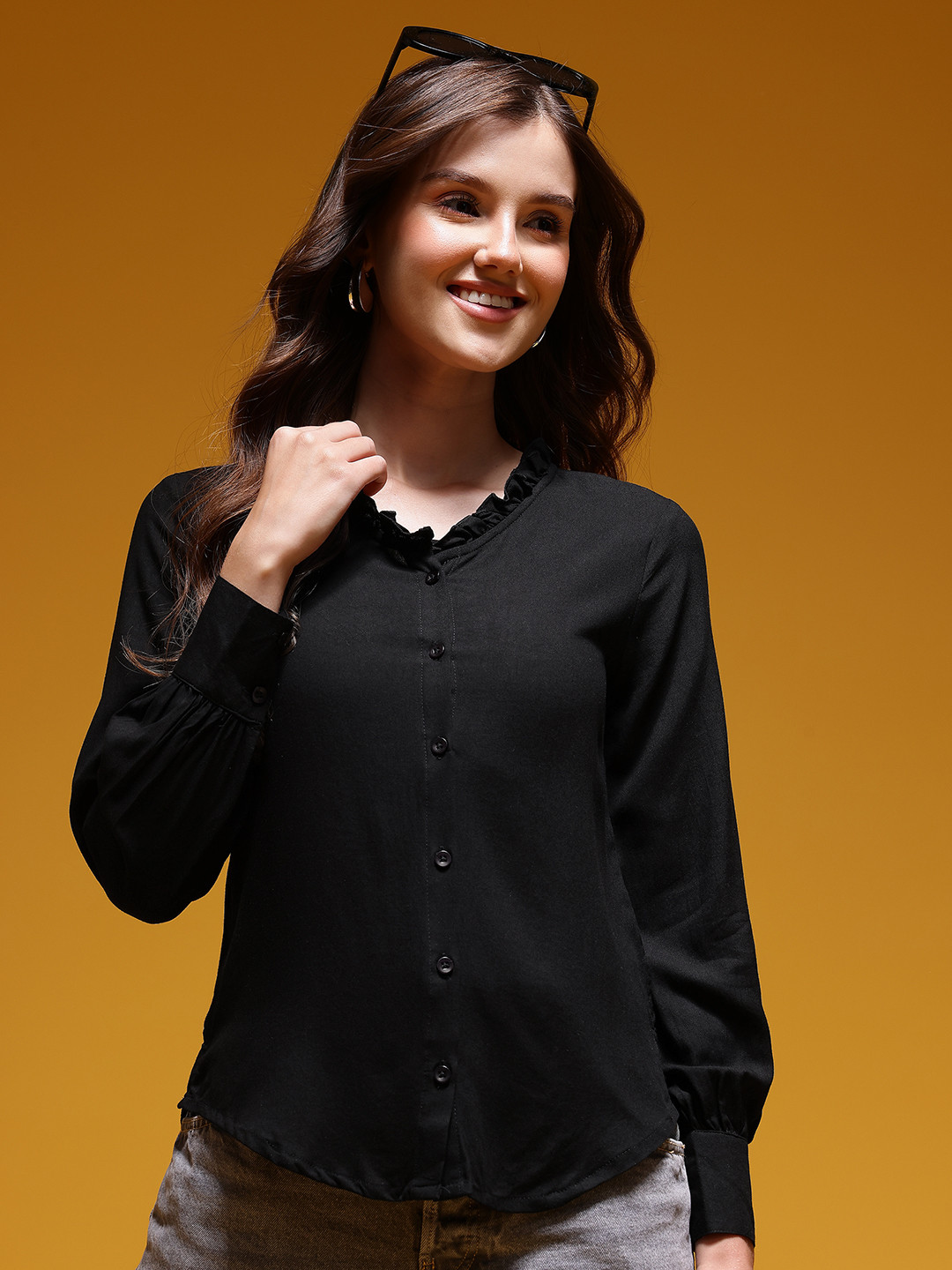 HERE&NOW V-Neck Casual Shirt with Ruffle Detail