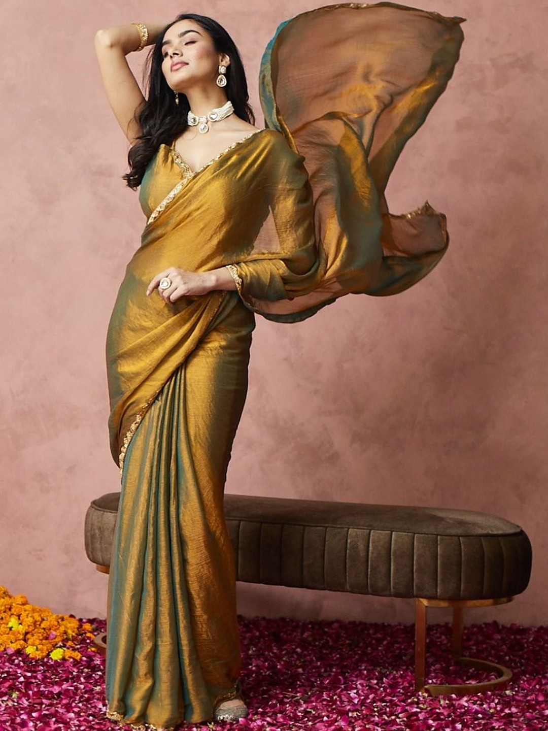 kasee Embroidered Gold Ready to Wear Saree with Blouse Piece