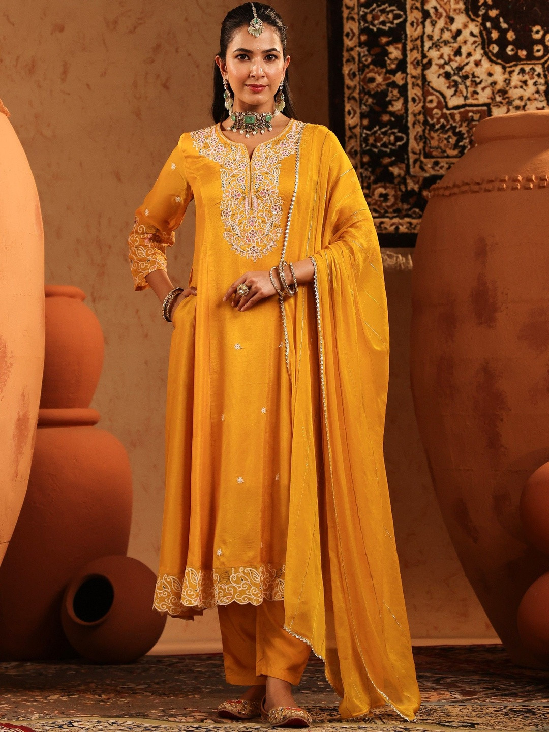 SCAKHI Women Ethnic Motifs Embroidered Silk Anarkali Kurta with Trousers & Dupatta