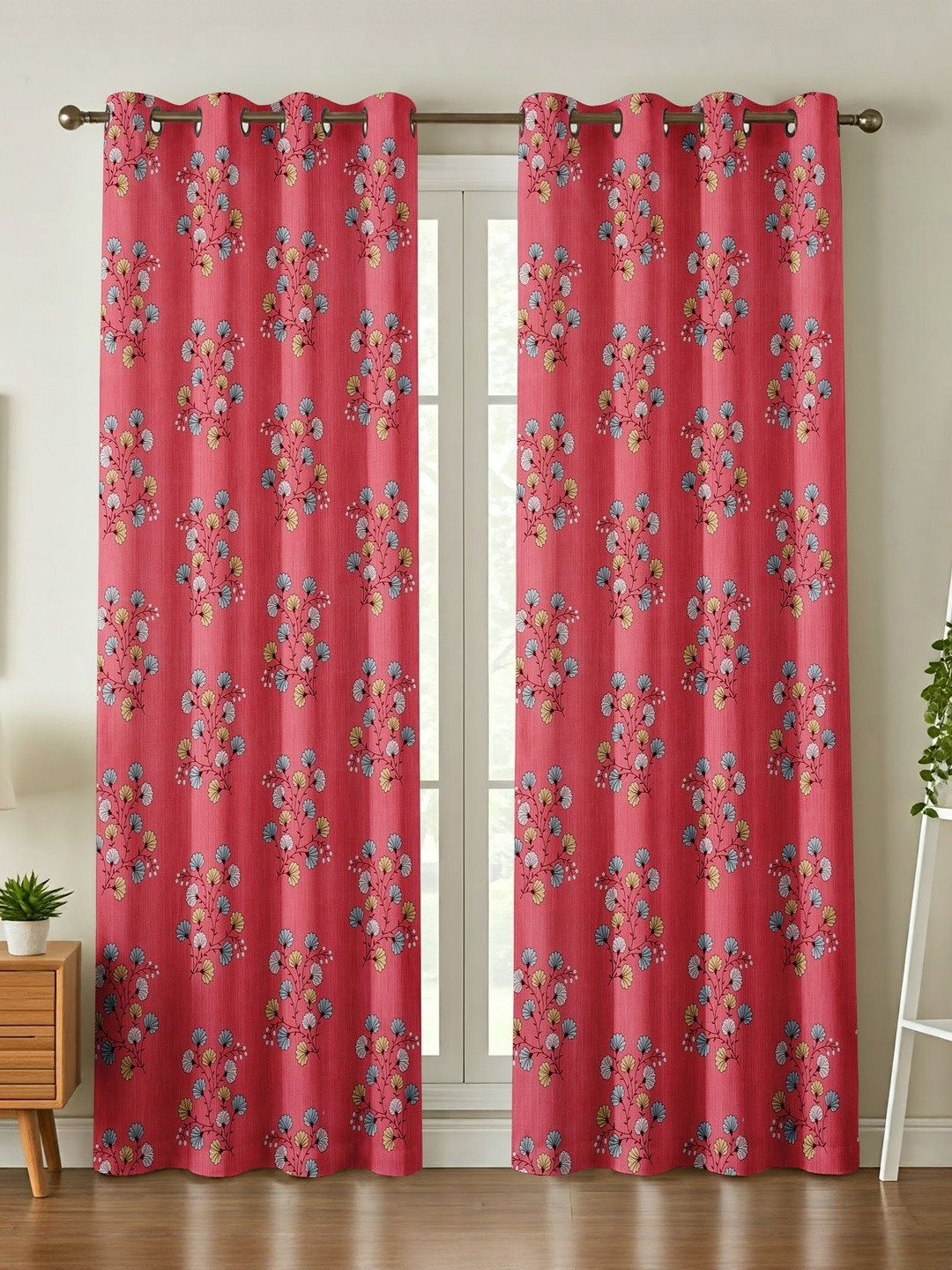 GEET CREATIONS Softy-Guldasta Pink & Blue 2 Pieces Printed Room Darkening Window Curtains