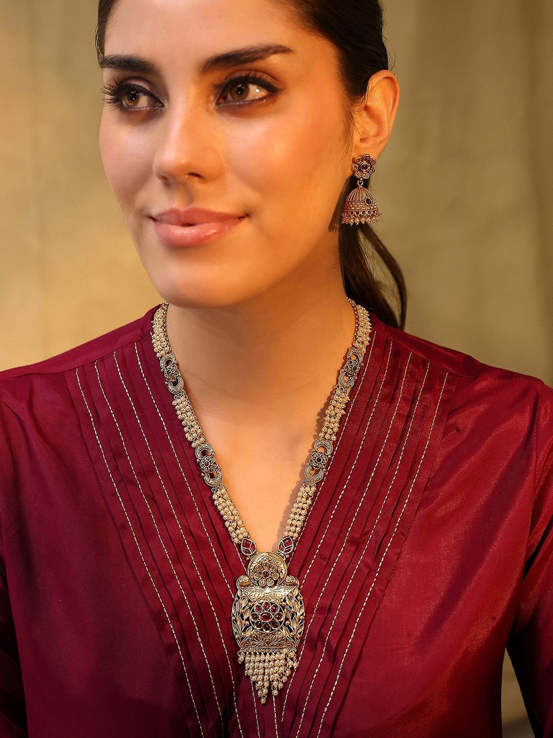 Biba Gold-Plated Stone-Studded & Pearls Beaded Long Jewellery Set