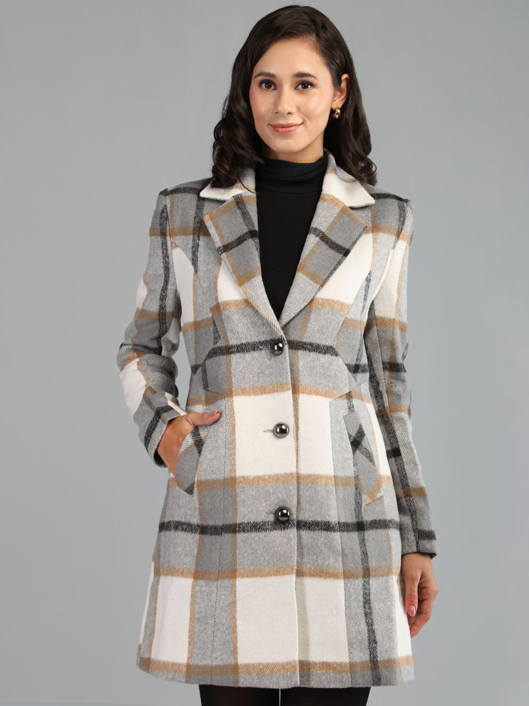 HONNETE Checked Notched Lapel Collar Single-Breasted Stylish Trench Coat