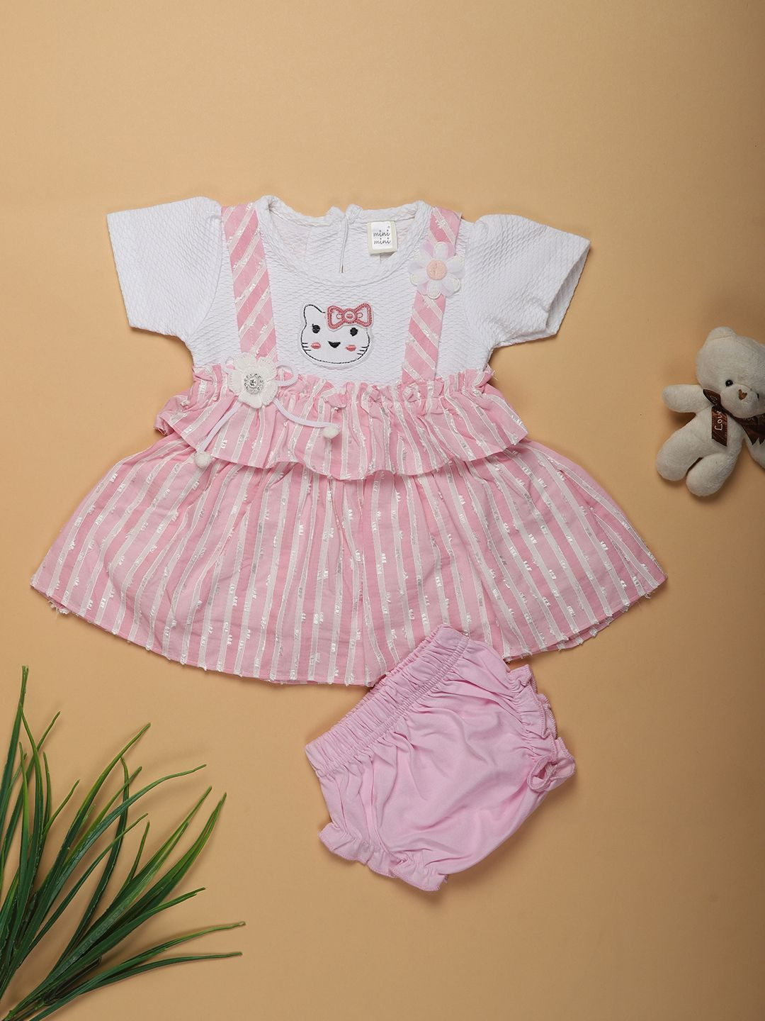 V-Mart Girls Round Neck Striped Cotton Fit & Flare Dress With Pant