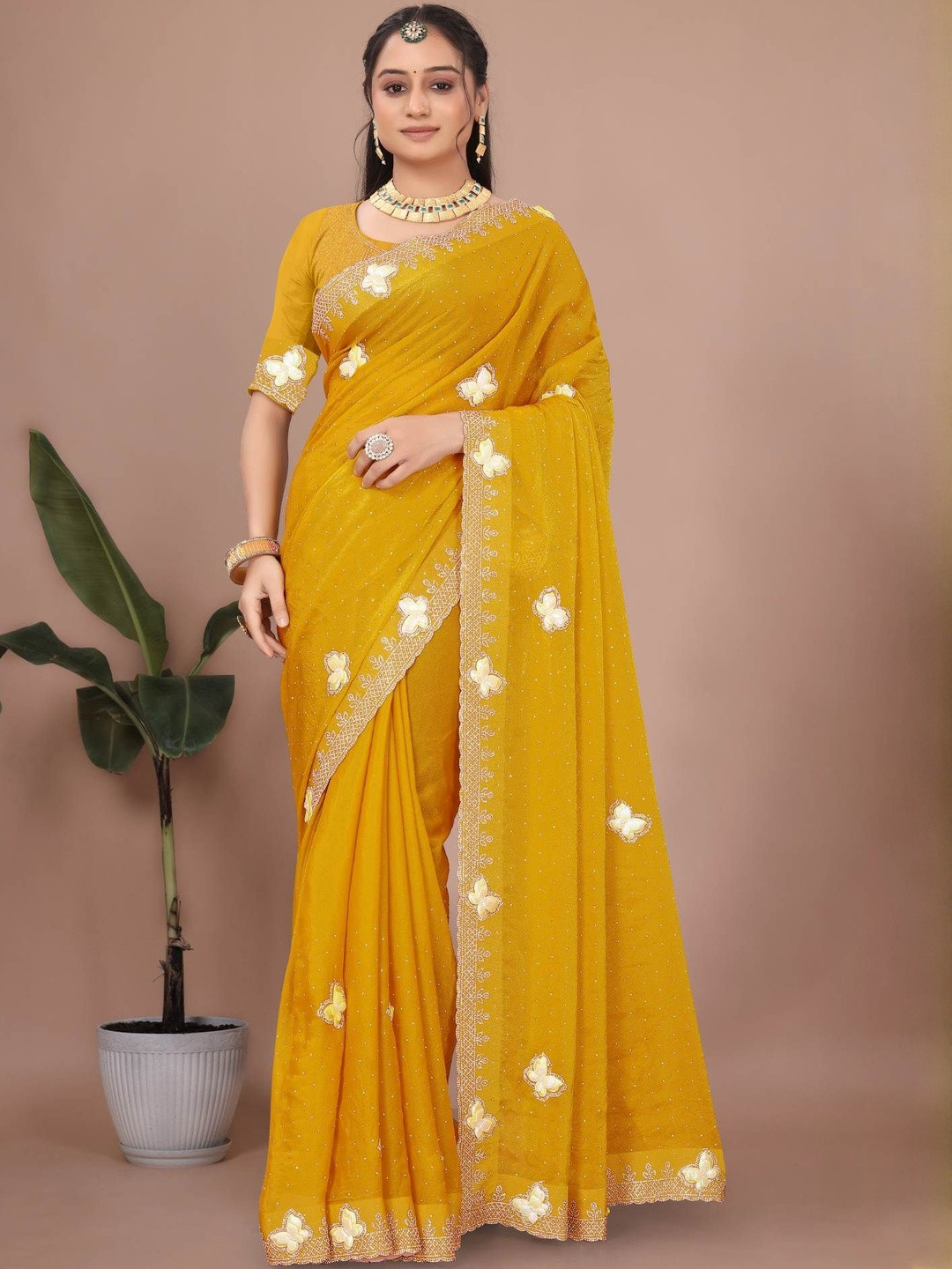 Rovera nx Women Embellished Beads & Stones Satin Saree with a Blouse Piece