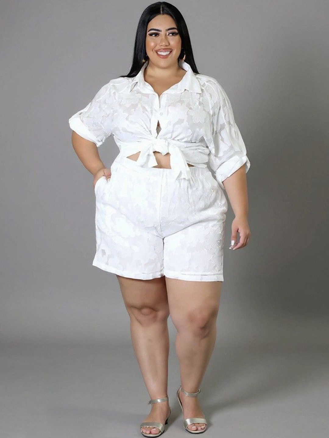 DressBerry Curve Self-Design Shirt Collar Shirt With Shorts