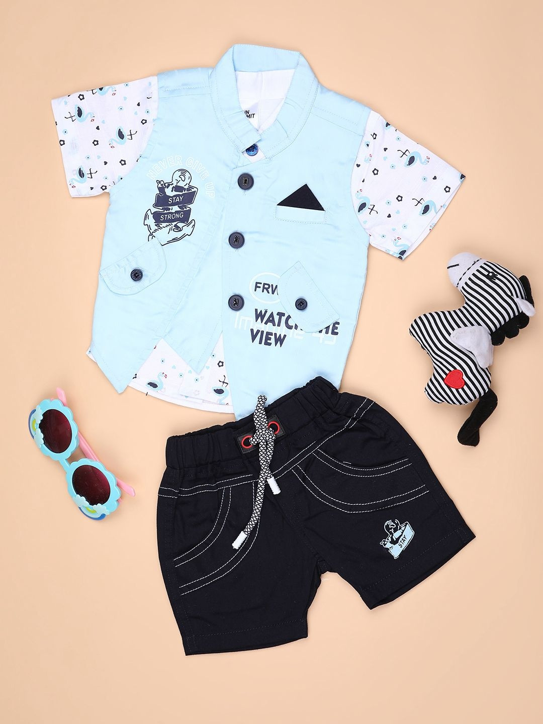 V-Mart Infant Printed Shirt Collar T-shirt & Shirt With Shorts
