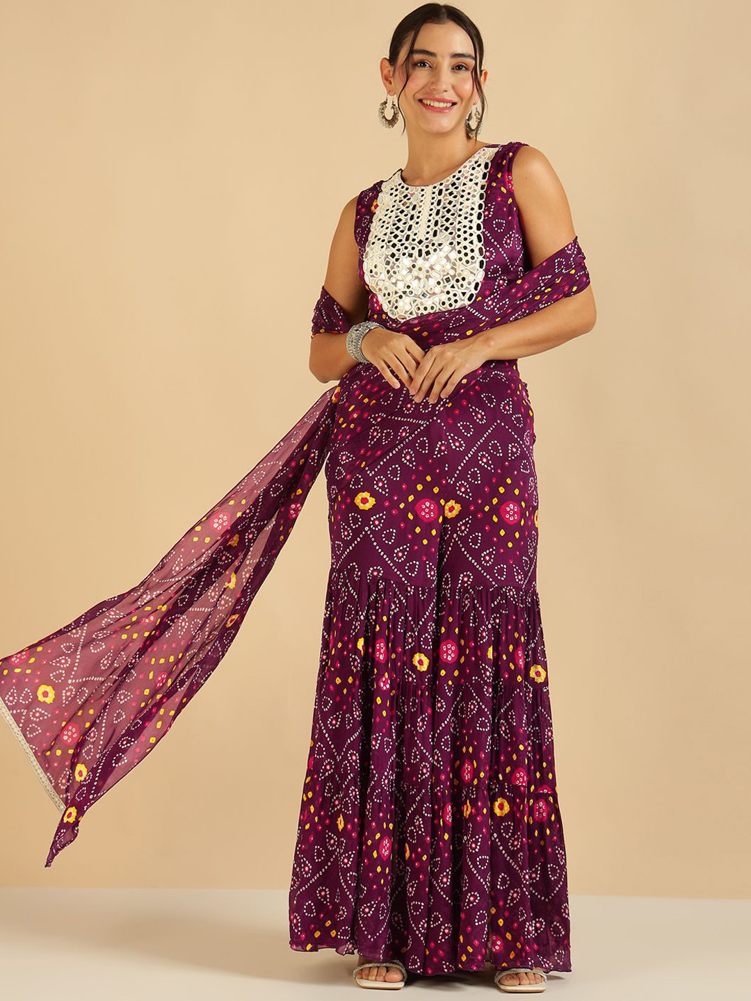 Vibes by Deebaco Women Bandhani Mirror Work Poly Chiffon Palazzo Saree