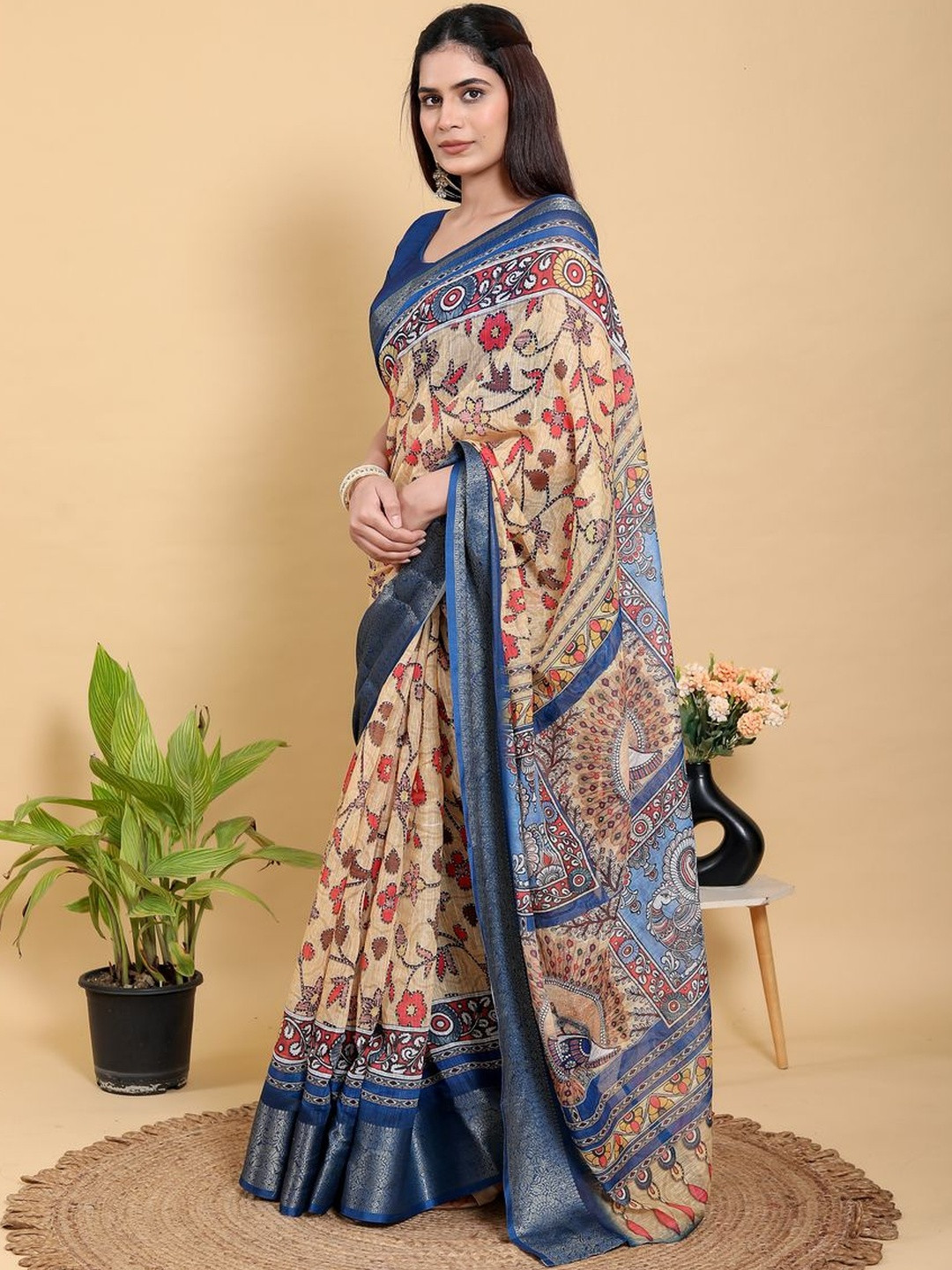 PRISHA FASHION Floral Woven Design and Contrast Border Silk Cotton Banarasi Saree