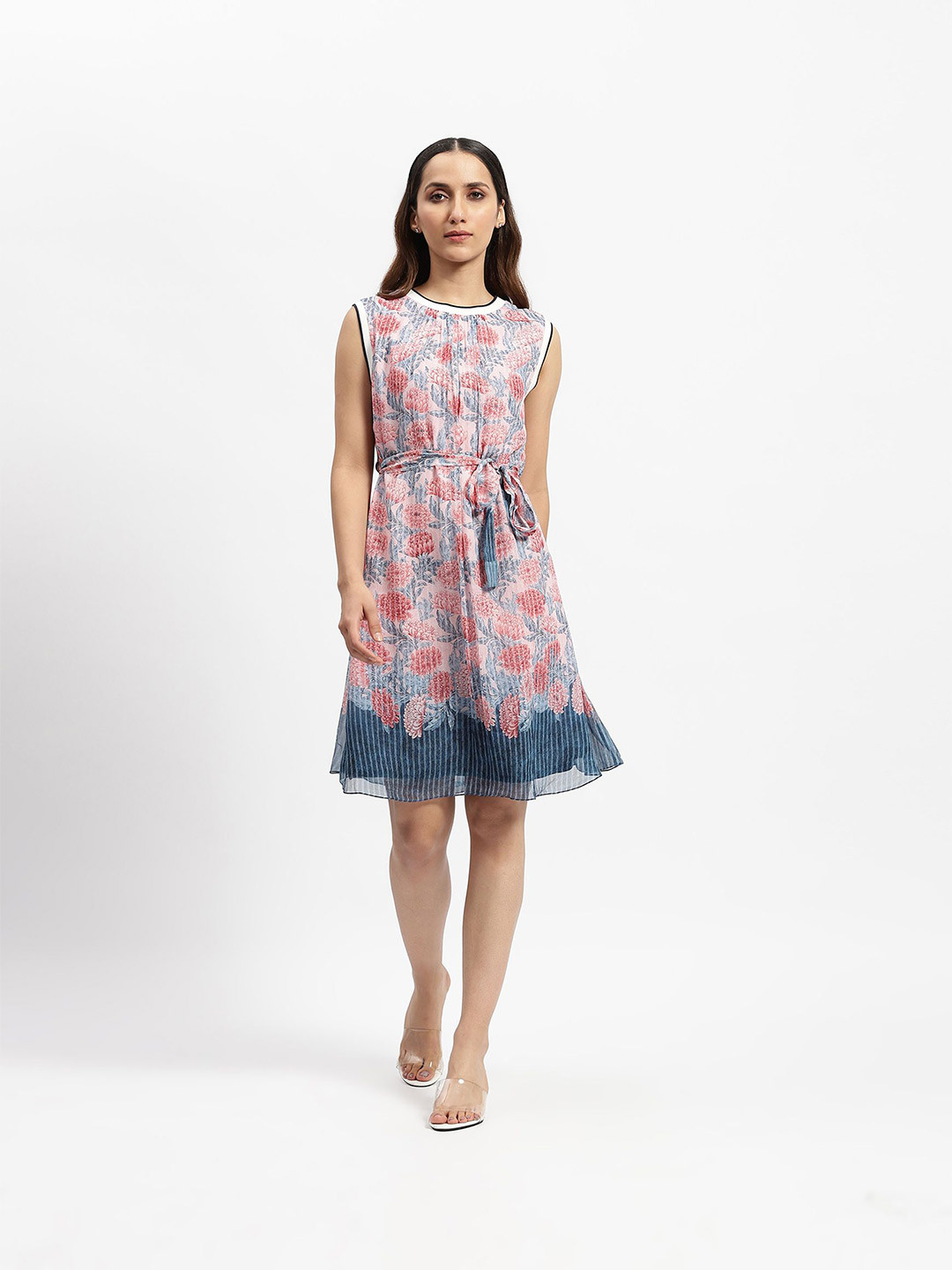 Satya Paul Women Floral Printed Chiffon A-Line With Belted