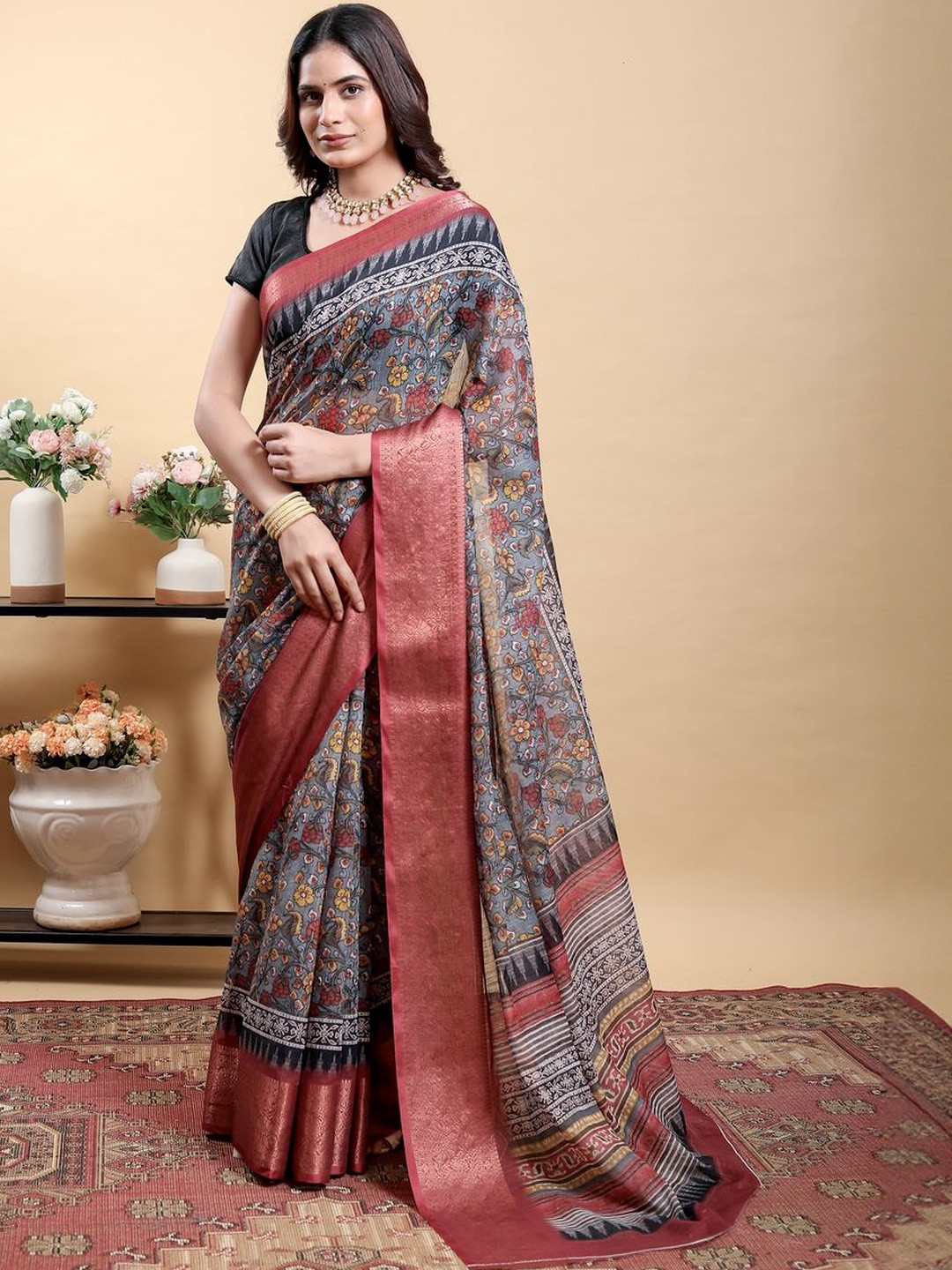 PRISHA FASHION Floral Printed Zari Work Banarasi Silk Cotton Saree With Blouse Piece