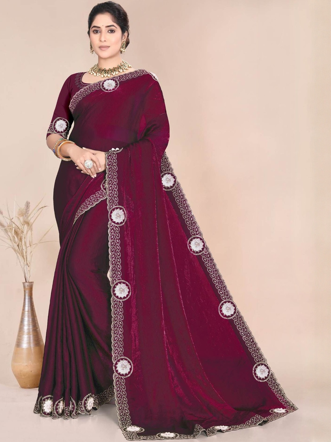 Rovera nx Kajal Embellished Beads and Stones Border Satin Saree with Blouse Piece