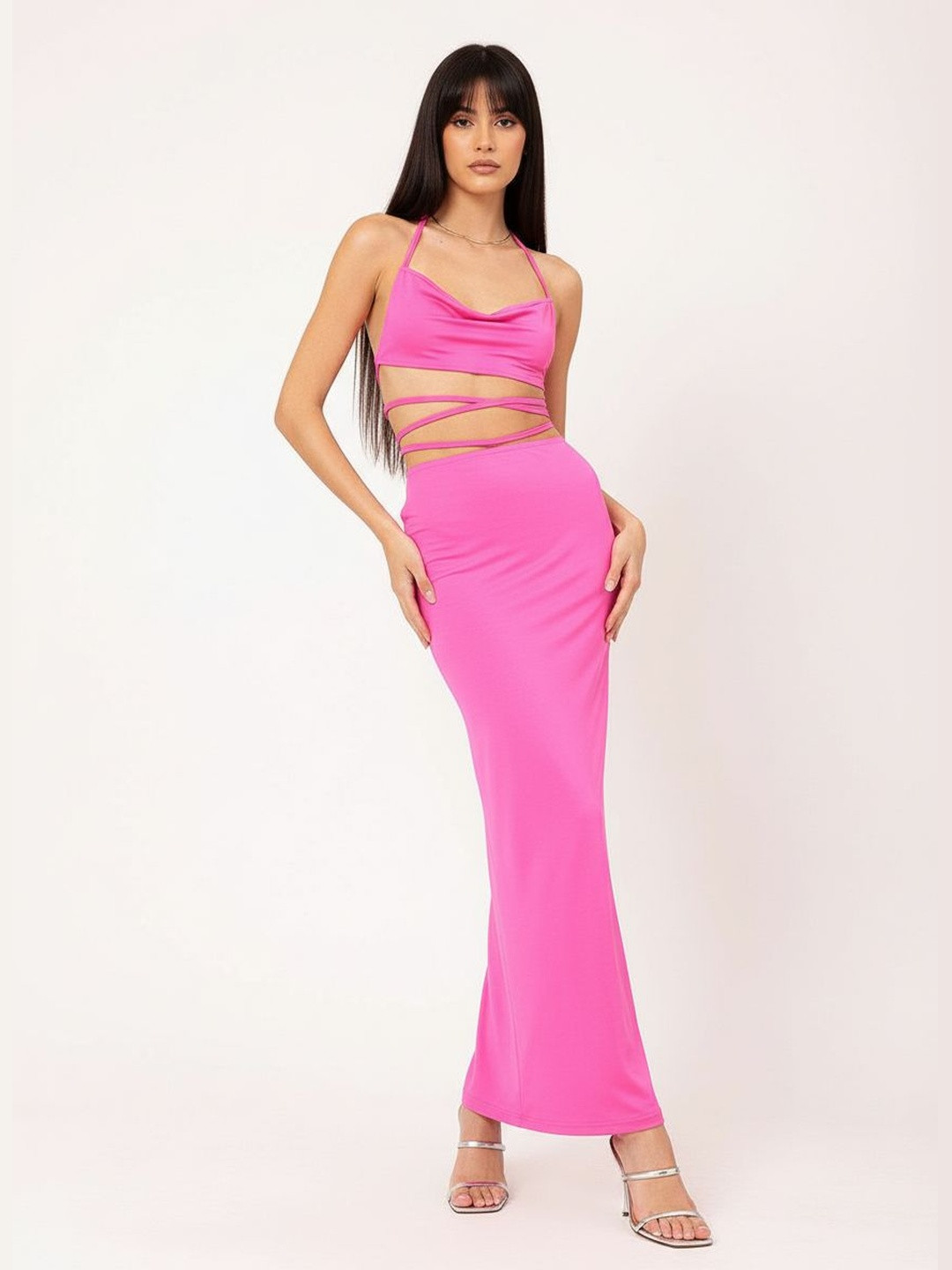 DressBerry Glossy Vibes Halter Cowl Neck Tie-Up Co-Ords