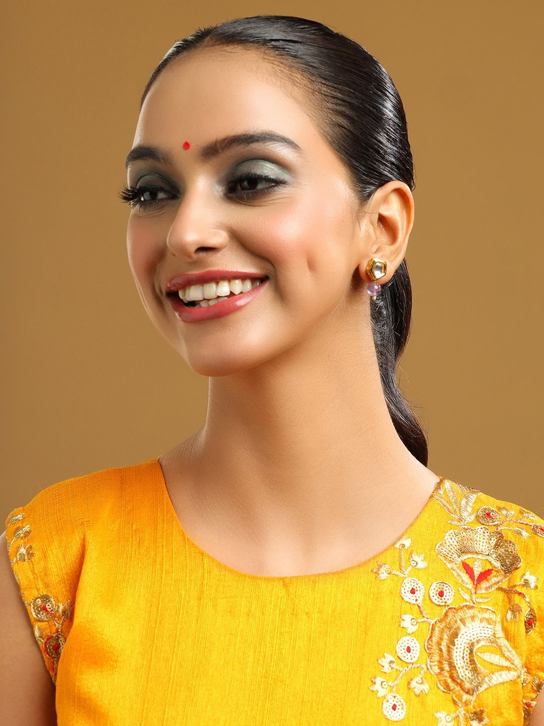 Ruby Raang Gold-Plated Geometric Shaped Kundan And Amethyst Studded Drop Earrings