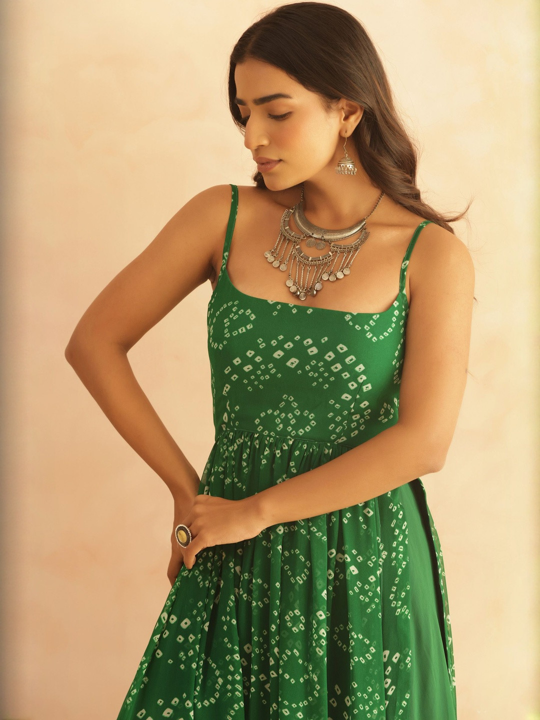 DEASHA INDIA Bandhani Printed Shoulder Strap Georgette Kurta With Palazzos