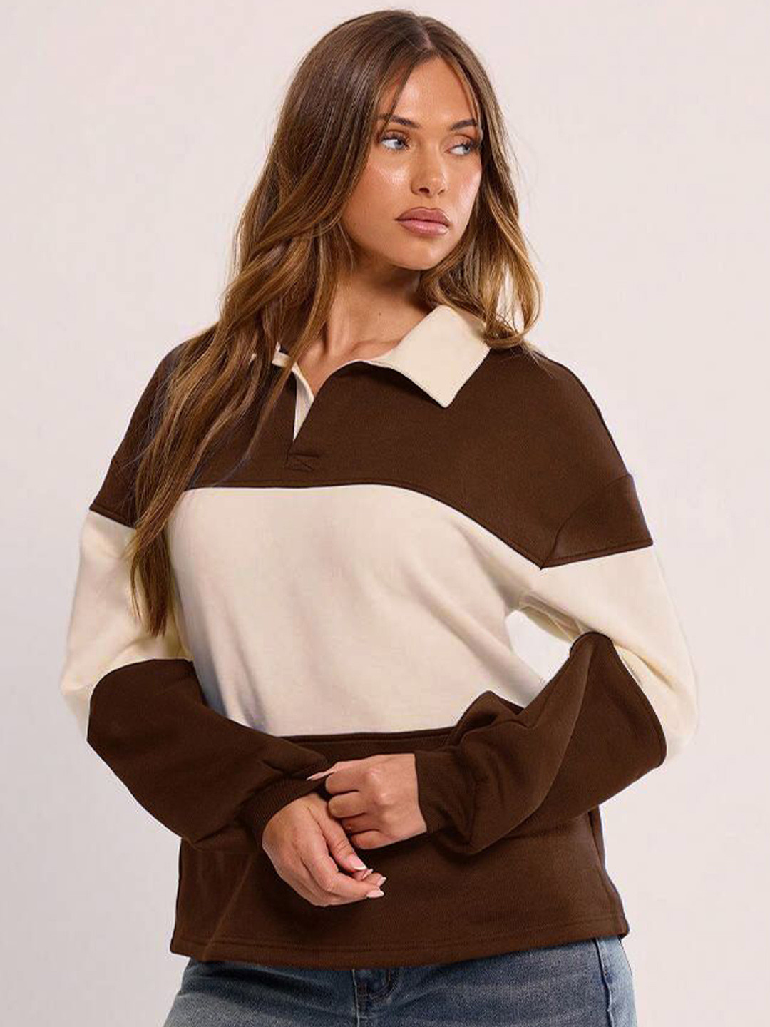 The Roadster Lifestyle Co Color-Blocked Oversized Collared Sweatshirt