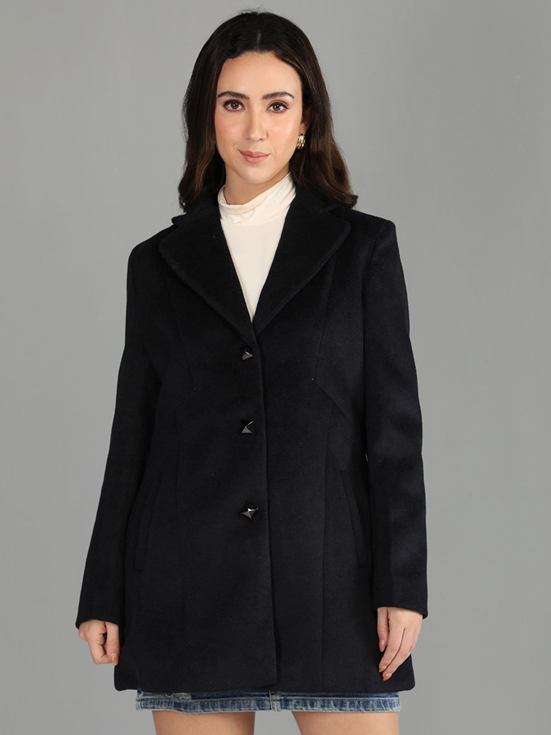 HONNETE Women Black Single Breasted Regular Fit Casual Trench Coat