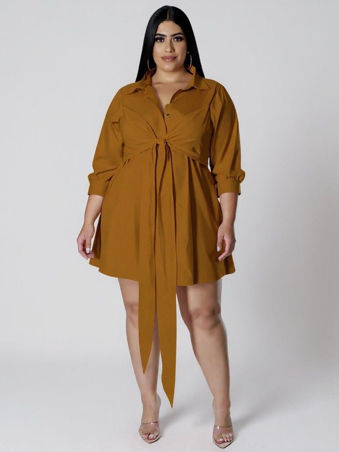 DressBerry Curve Women Yellow Spandex Shirt Collar Cuffed Sleeves Shirt Mini Dress