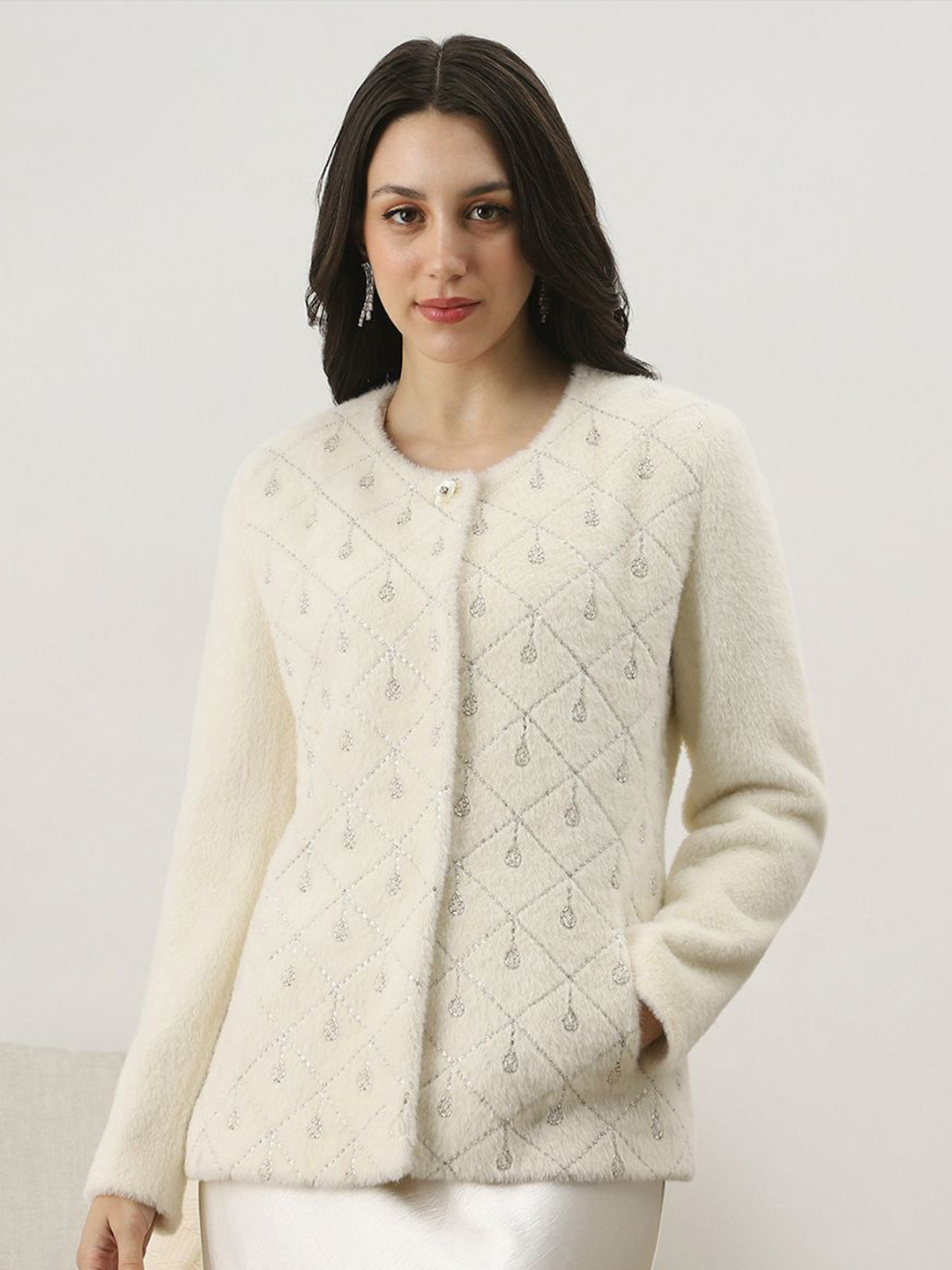 Globus Women Single-Breasted Self Design Soft Functional Winterwear Overcoat