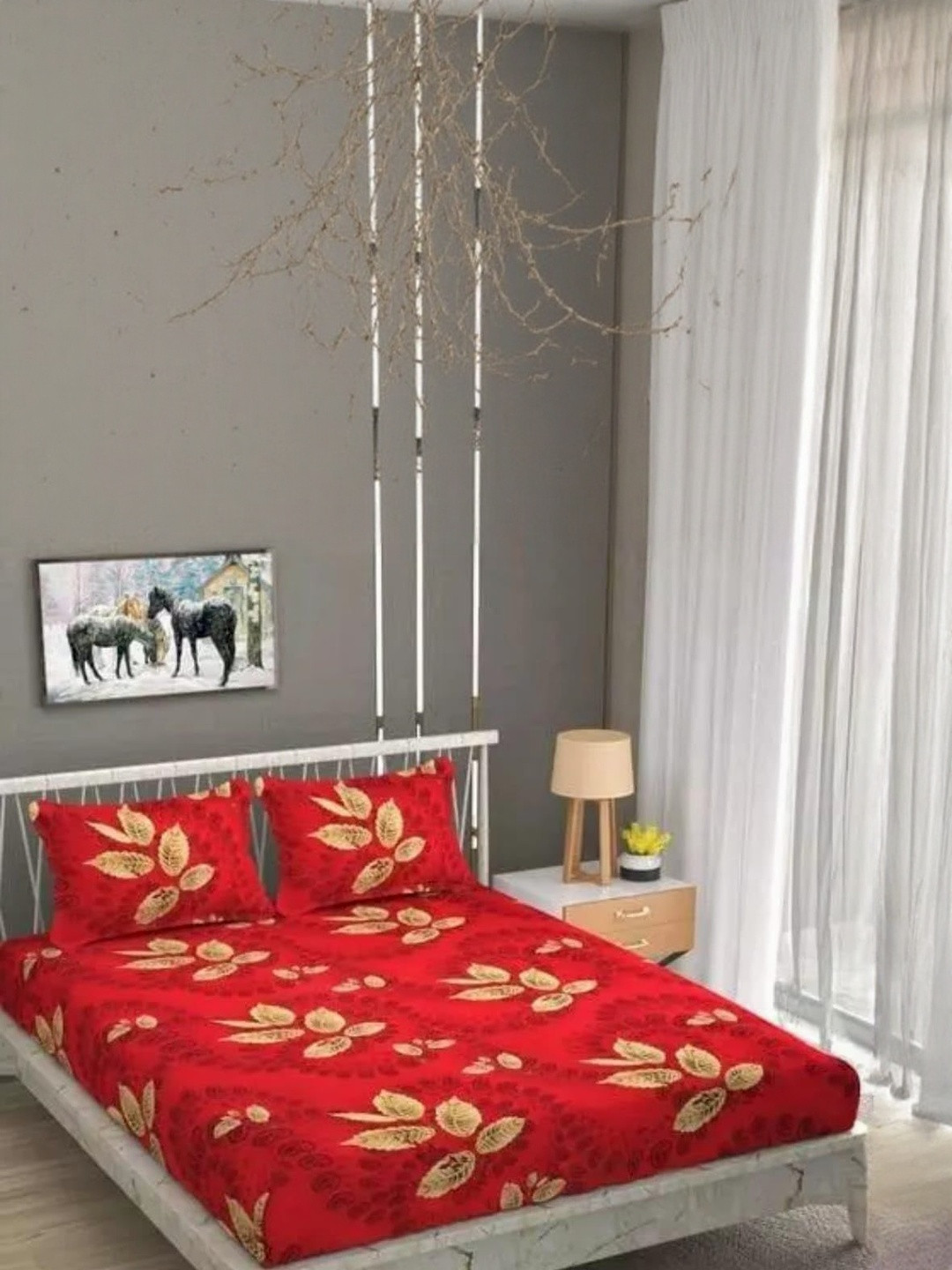 NEW TOWN Red & Brown Floral 210 TC Queen Bedsheet with 2 Pillow Covers