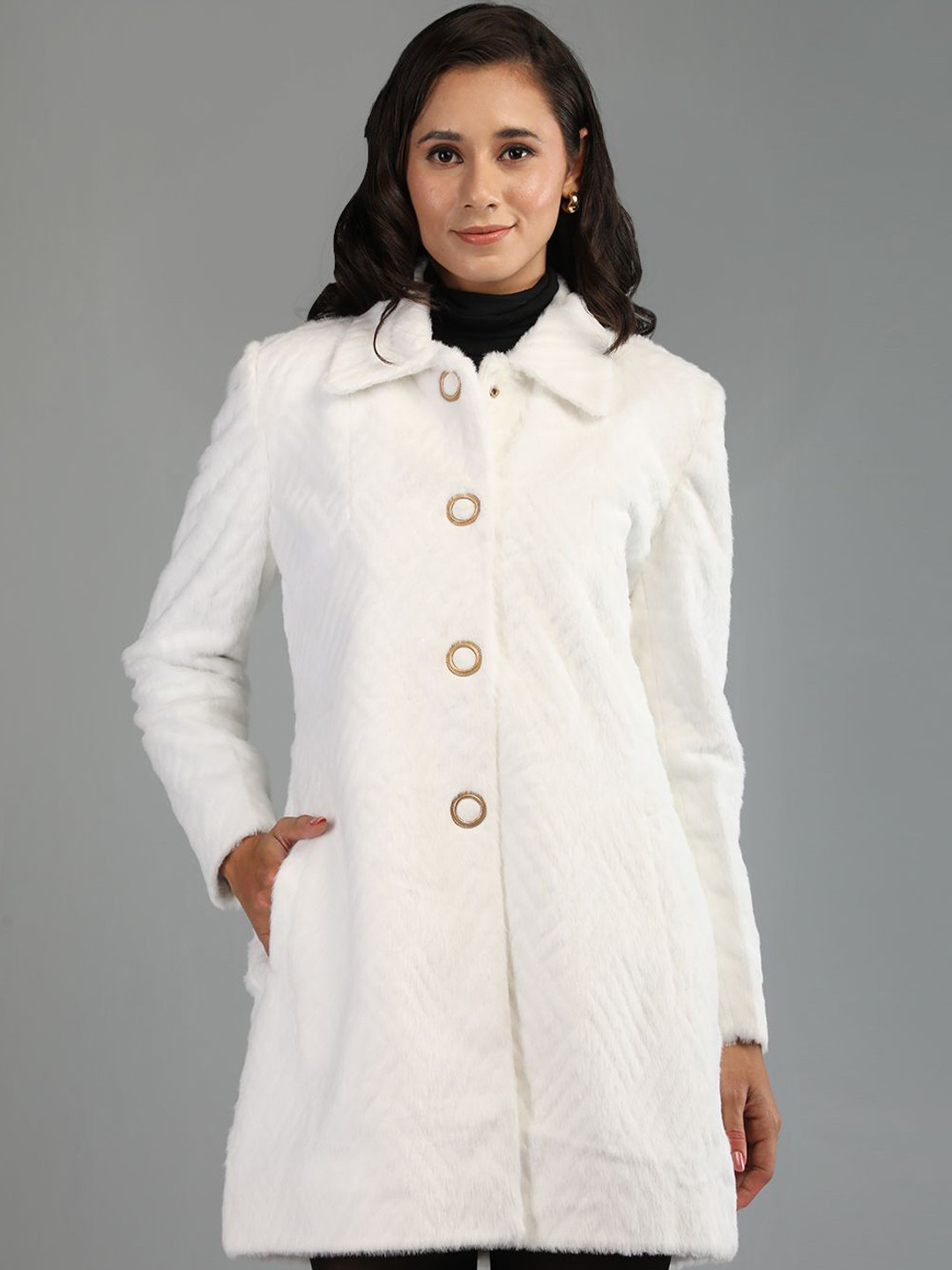 HONNETE Women Self Design Spread Collared Faux Fur Trim Single-Breasted Trench Coat