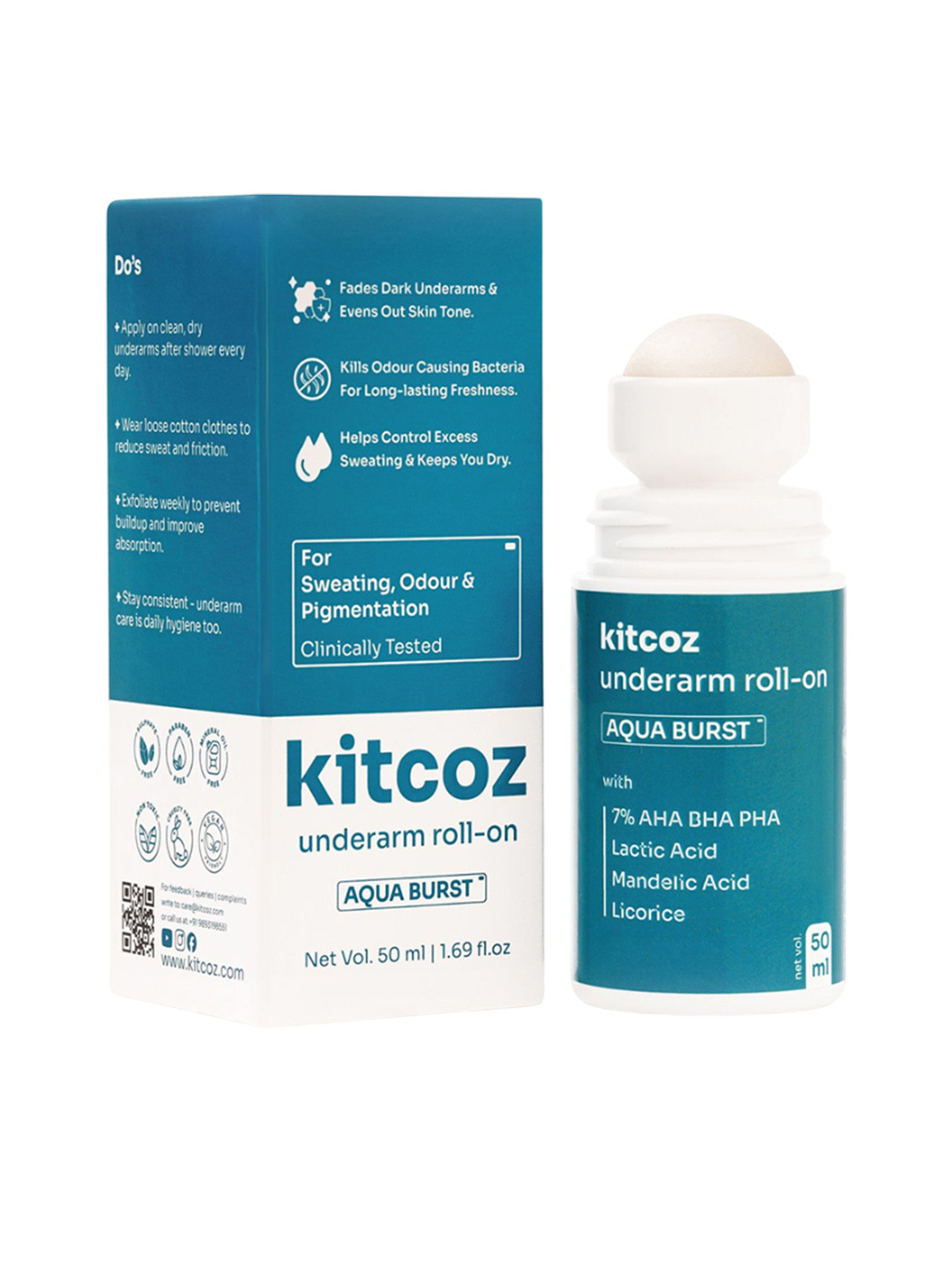 Kitcoz Aqua Burst Underarm Roll On with 7% AHA BHA PHA - 50 ml