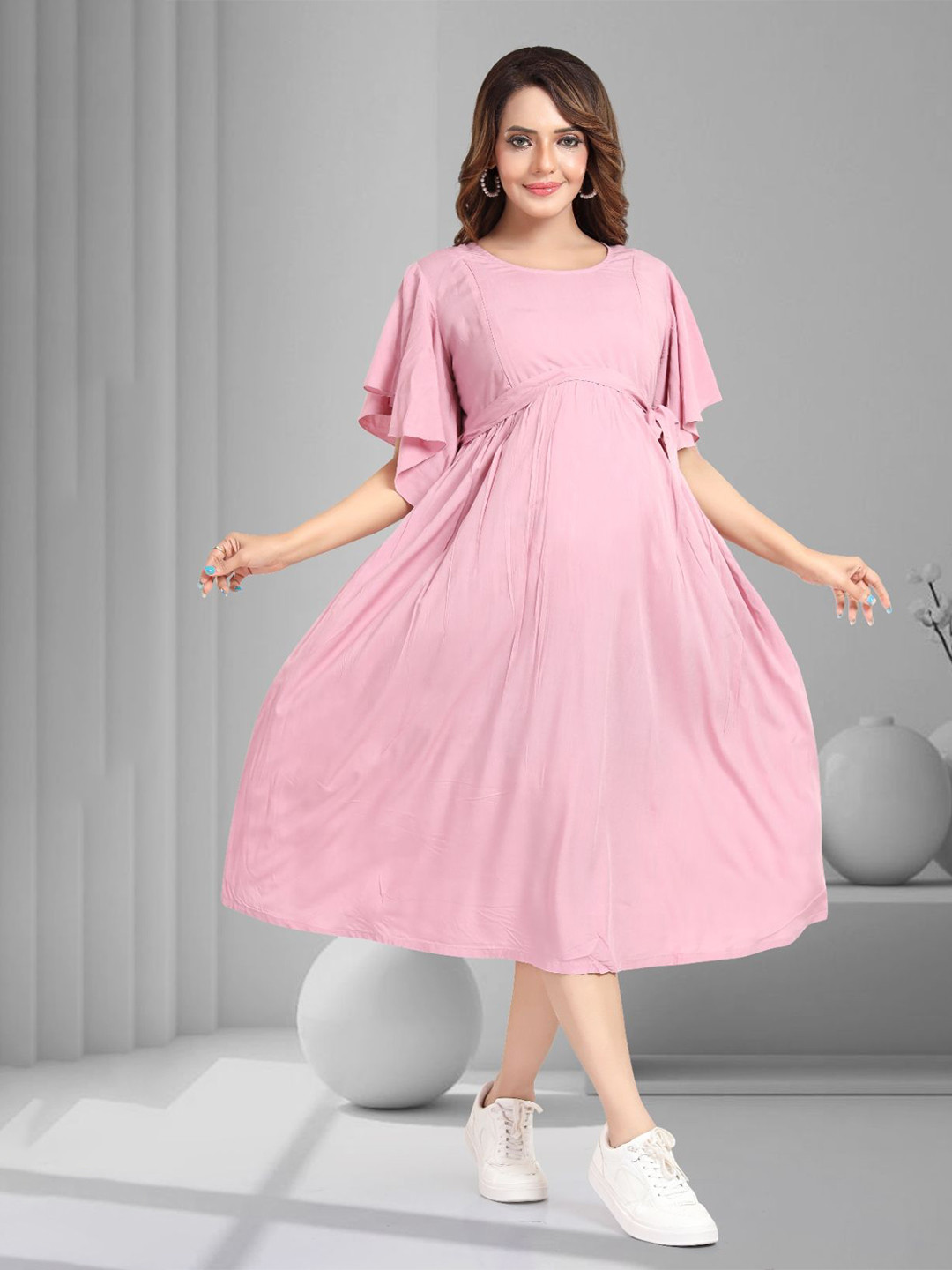 MomsBae Women Flared Sleeve Maternity A-Line Midi Dress