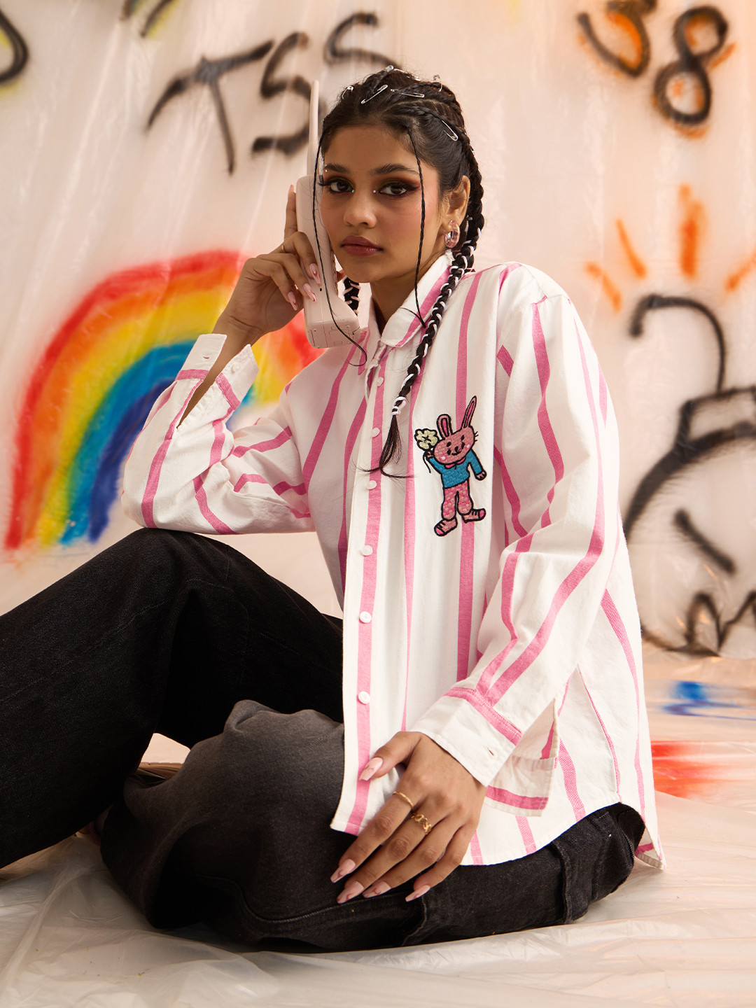 The Souled Store Women Pink Stripes: Bunny Multicolor Oversized Fit Boyfriend Shirt