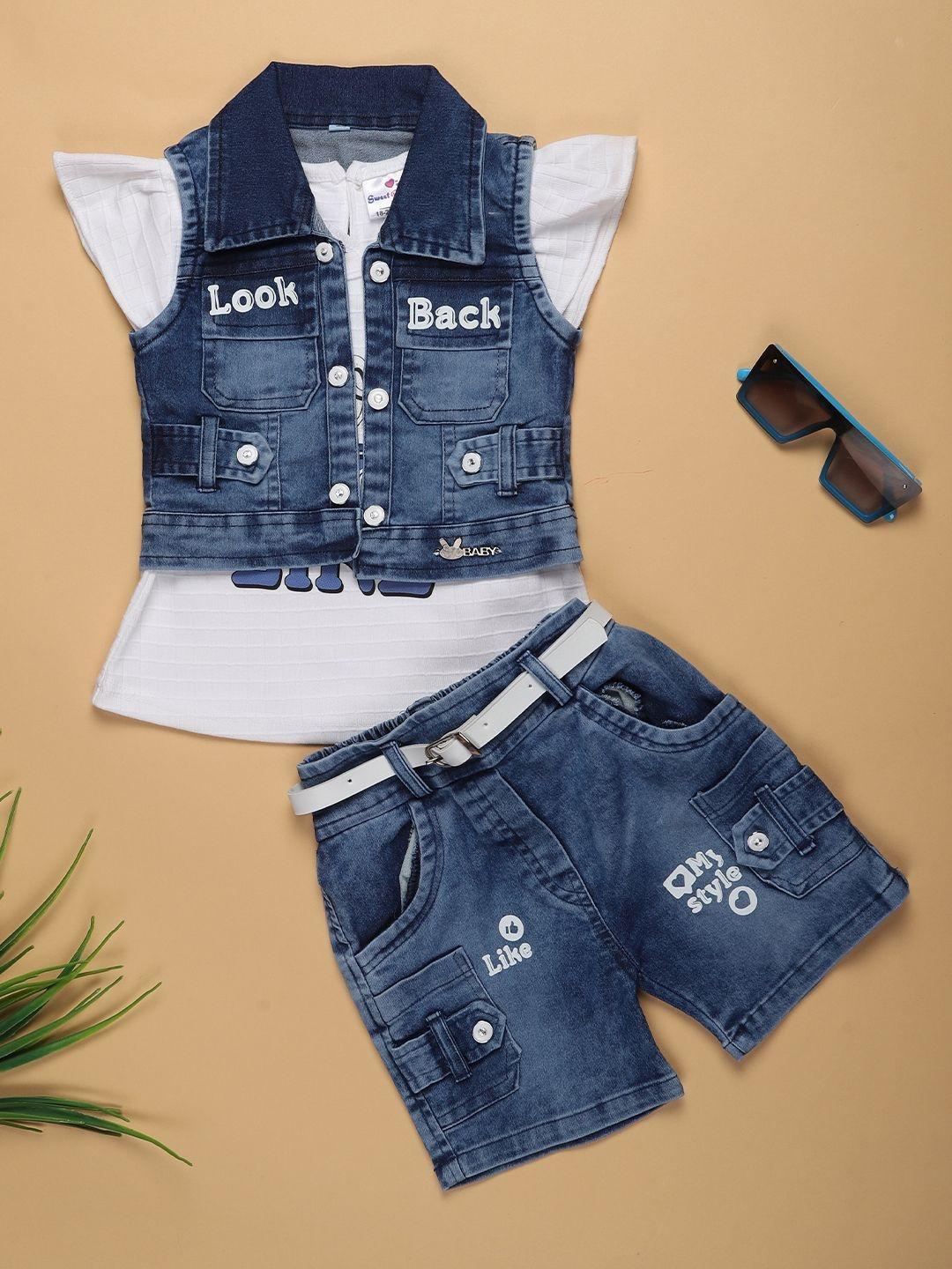 V-Mart Girls Printed T-shirt And Denim Shirt With Shorts