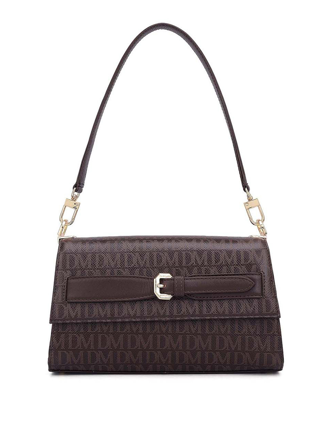 Da Milano Brand Logo Printed Structured Leather Shoulder Bag With Buckle Detail