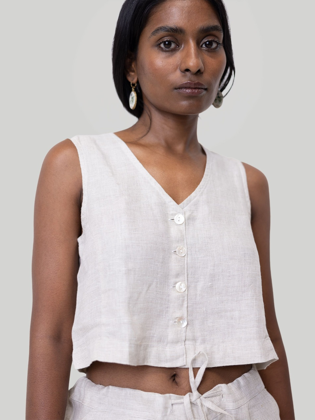 Reistor Women V-Neck Linen Vest Crop Top