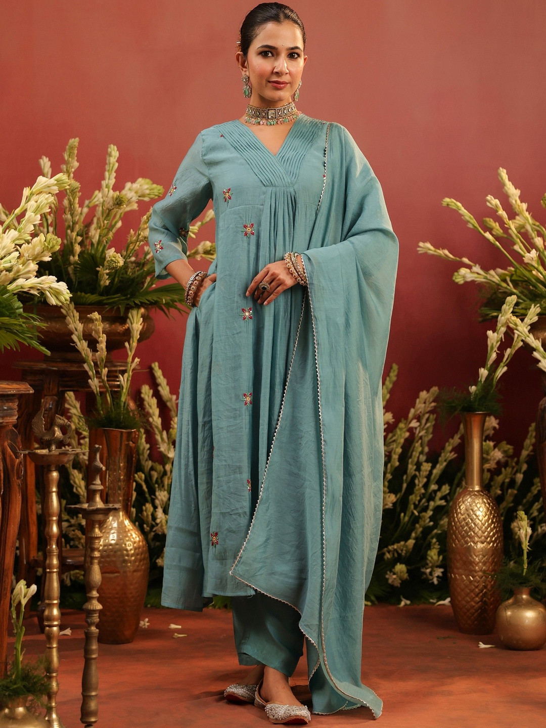 SCAKHI Women Hand Embroidered Anarkali Kurta with Trousers & Dupatta