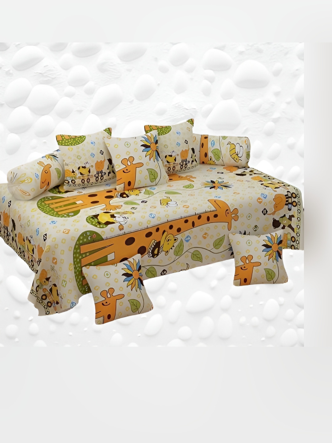 WELLNEST Set Of 8 Beige & White Grafie Printed Diwan Set