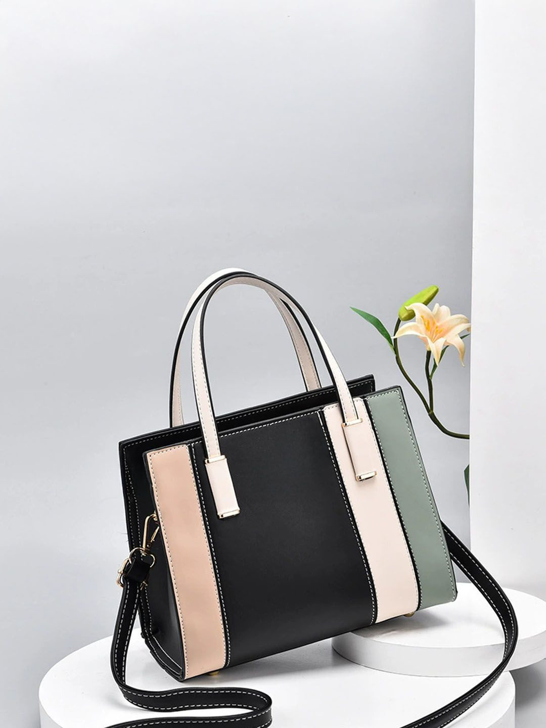 StyleCast Stylish Colorblocked Bucket Handheld Bag With Detachable Sling Strap