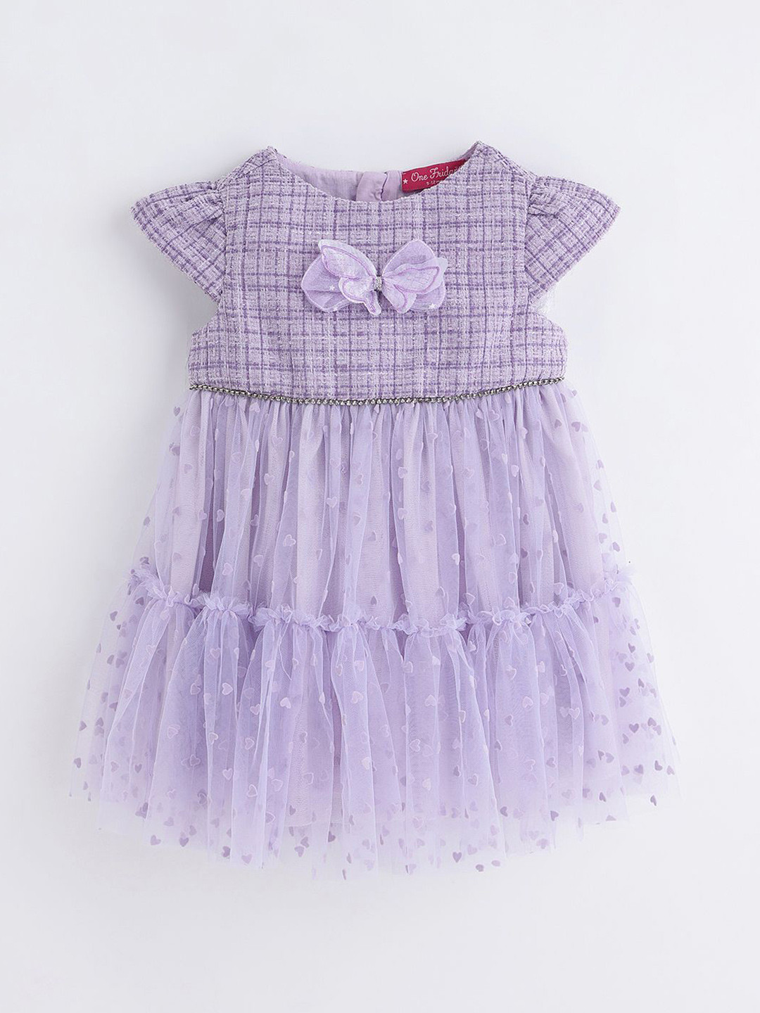 One Friday Girls Net Lilac Cap Sleeves Round Neck, Zip Closure Fit & Flare Boucle Dress