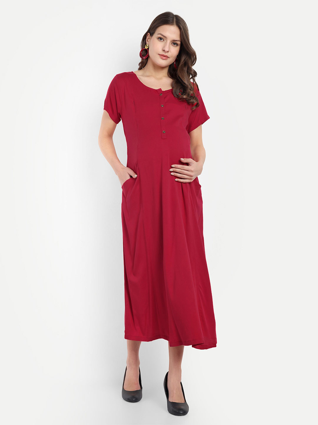 Mammas Maternity Red Solid A-Line Midi Dress
