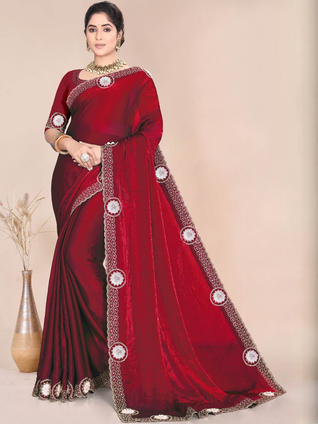 Rovera nx Embellished Beads and Stones Satin Saree