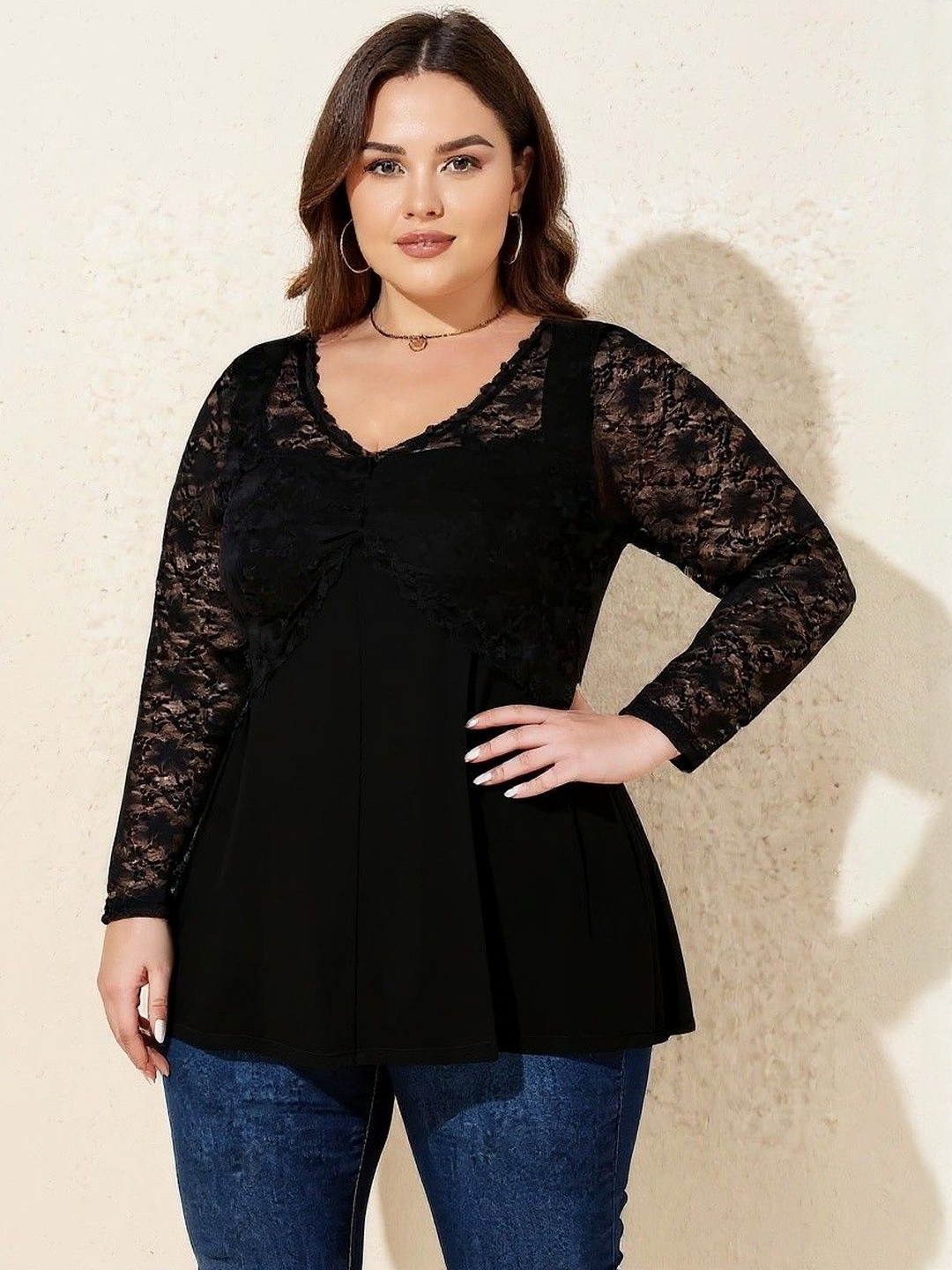 DressBerry Curve Women Black V-Neck Long Sleeves Lace Inserts Empire Top