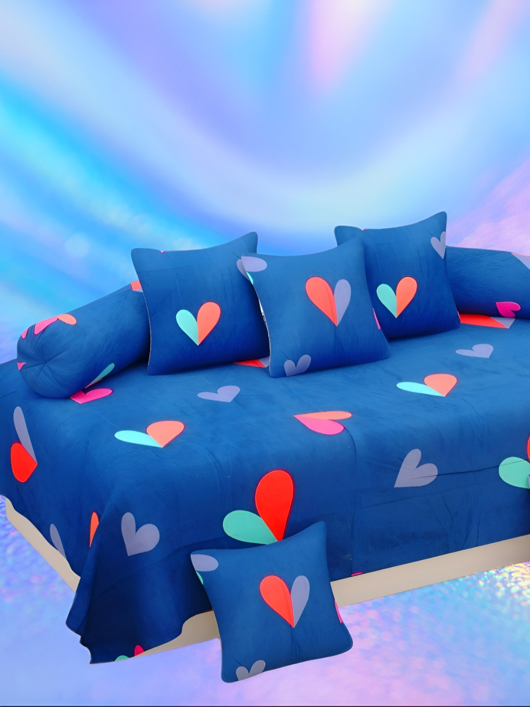 WELLNEST Blue & Red 8 Pieces Heart Printed Cotton Diwan Set