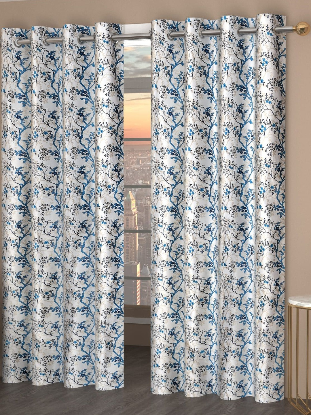 GEET CREATIONS Softy-Silmili Blue 2 Pieces Printed Room Darkening Window Curtains