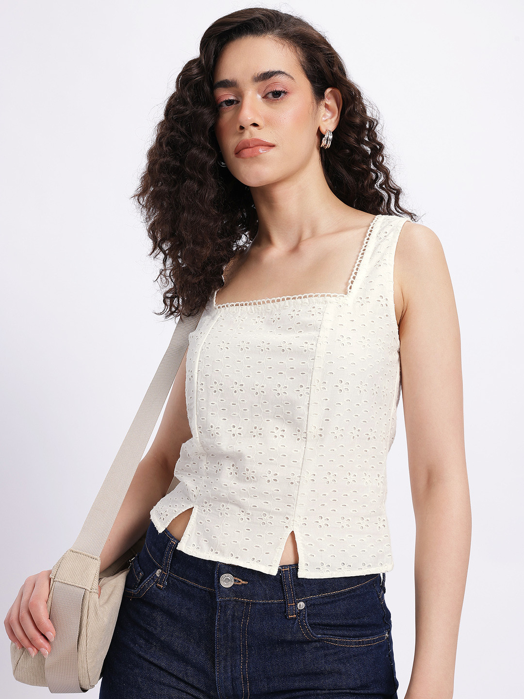 glitchez  Floral Schiffli Embroidered Lace Insert Detail Crop Top  With Slits