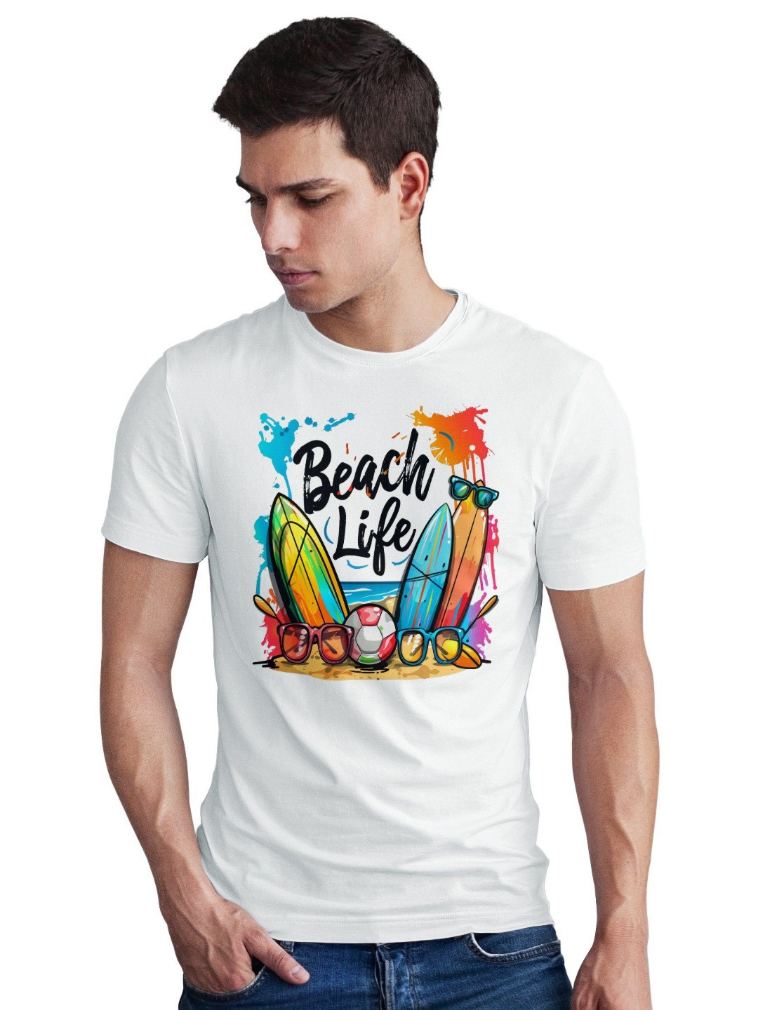 Seekbuylove Men Bio Finish Beach Life Round Neck Pure Cotton T-shirt