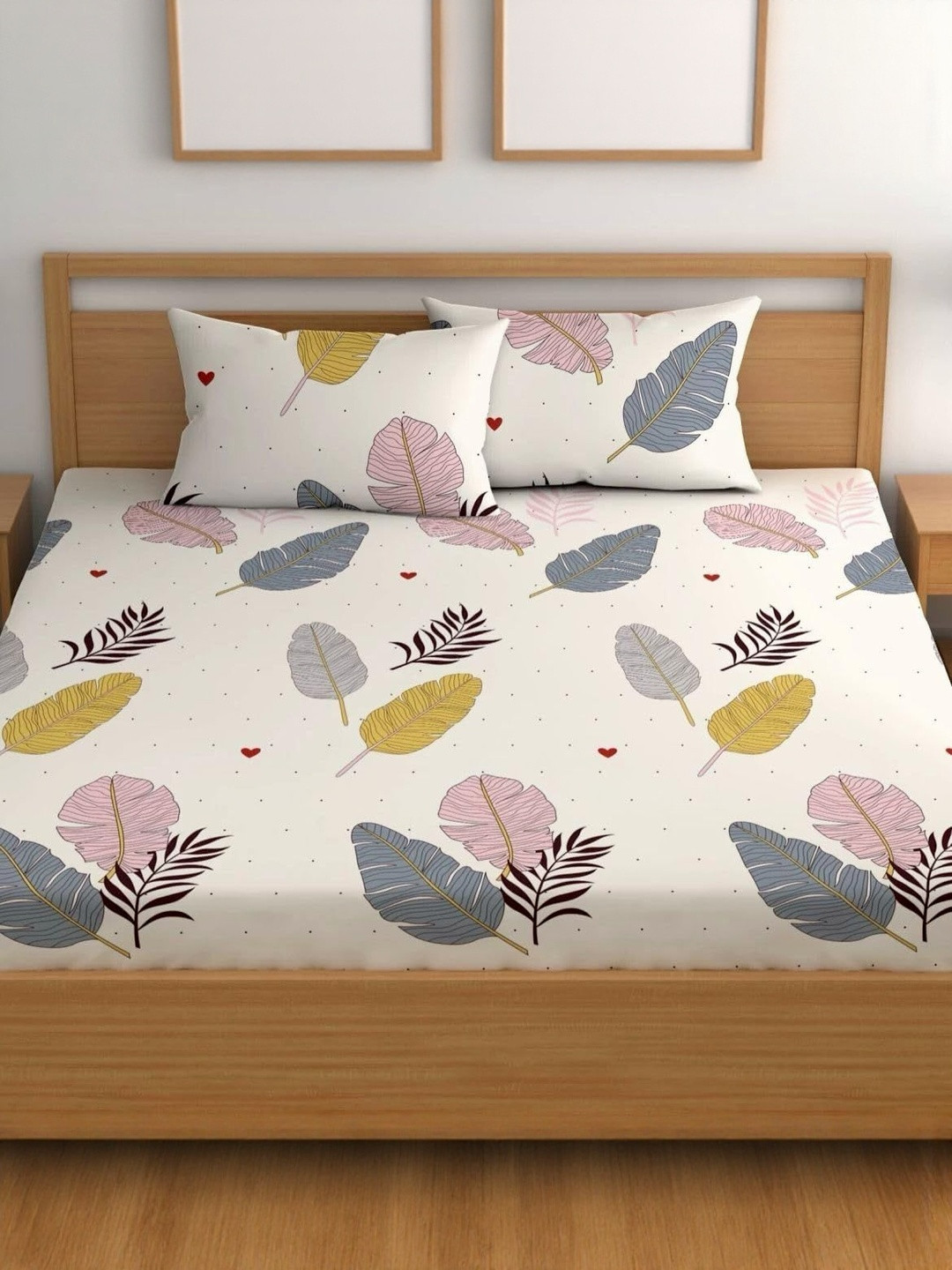 NEW TOWN Cream & Multicoloured 210 TC Queen Bedsheet with 2 Pillow Covers