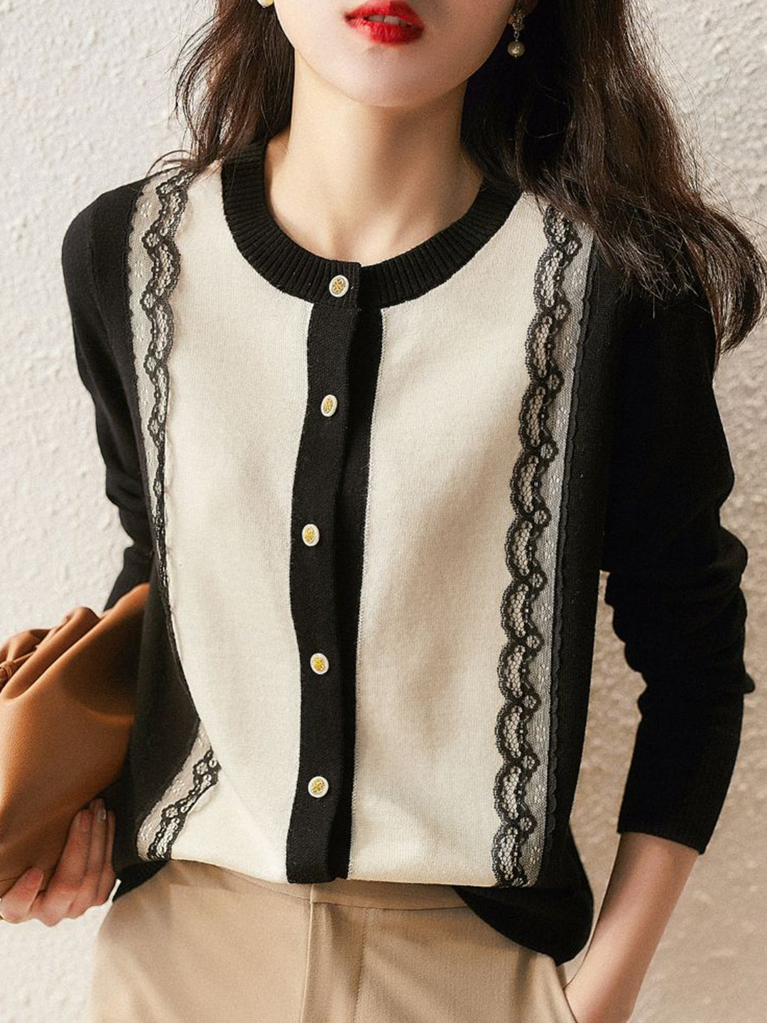 StyleCast Women Colourblocked Long Sleeve Lace Details Cardigan