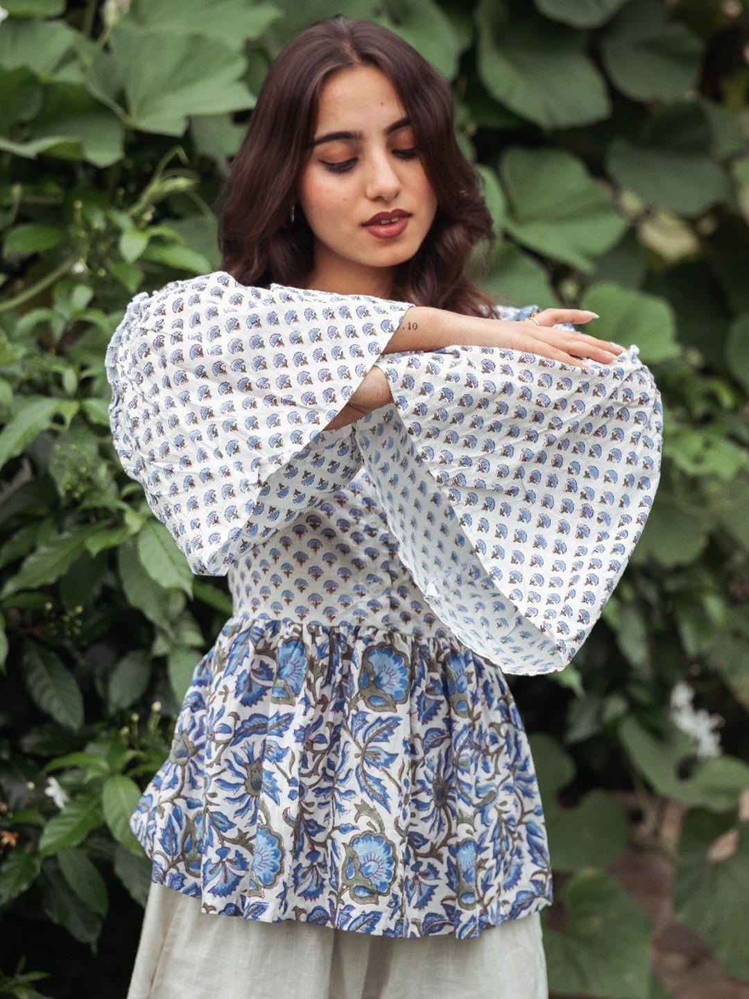 Satnam Handicrafts Women Floral Printed Bell Sleeve Peplum Tops