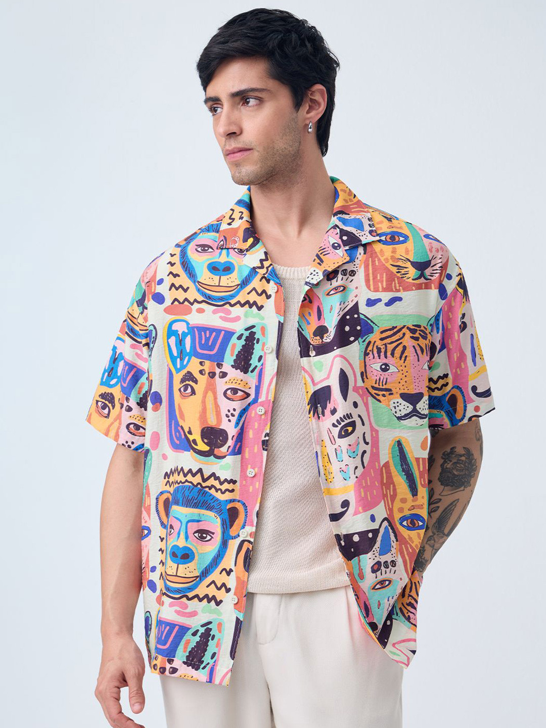 The Souled Store Men Feel Funky Relaxed Fit Graphic Printed Cuban Collar Shirt
